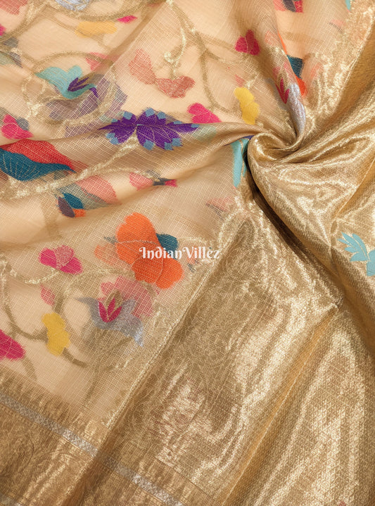 Multi Color Flower Golden Zari Woven  Banarasi Tissue Saree