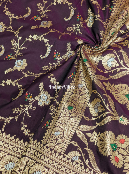 Wine Floral Design Pure Banarasi Katan Saree