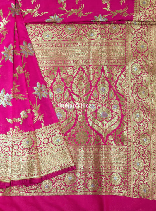 Pink Floral Design Pure Banarasi Katan Saree