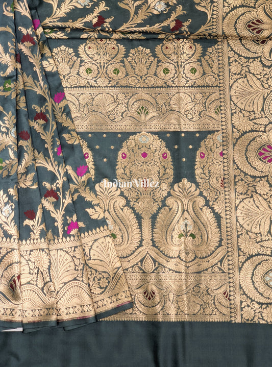 Grey Blended With Floral Design Banarasi Katan Saree