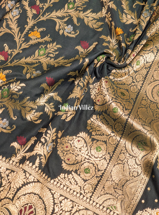 Celadon Green With Floral Design Banarasi Katan Saree