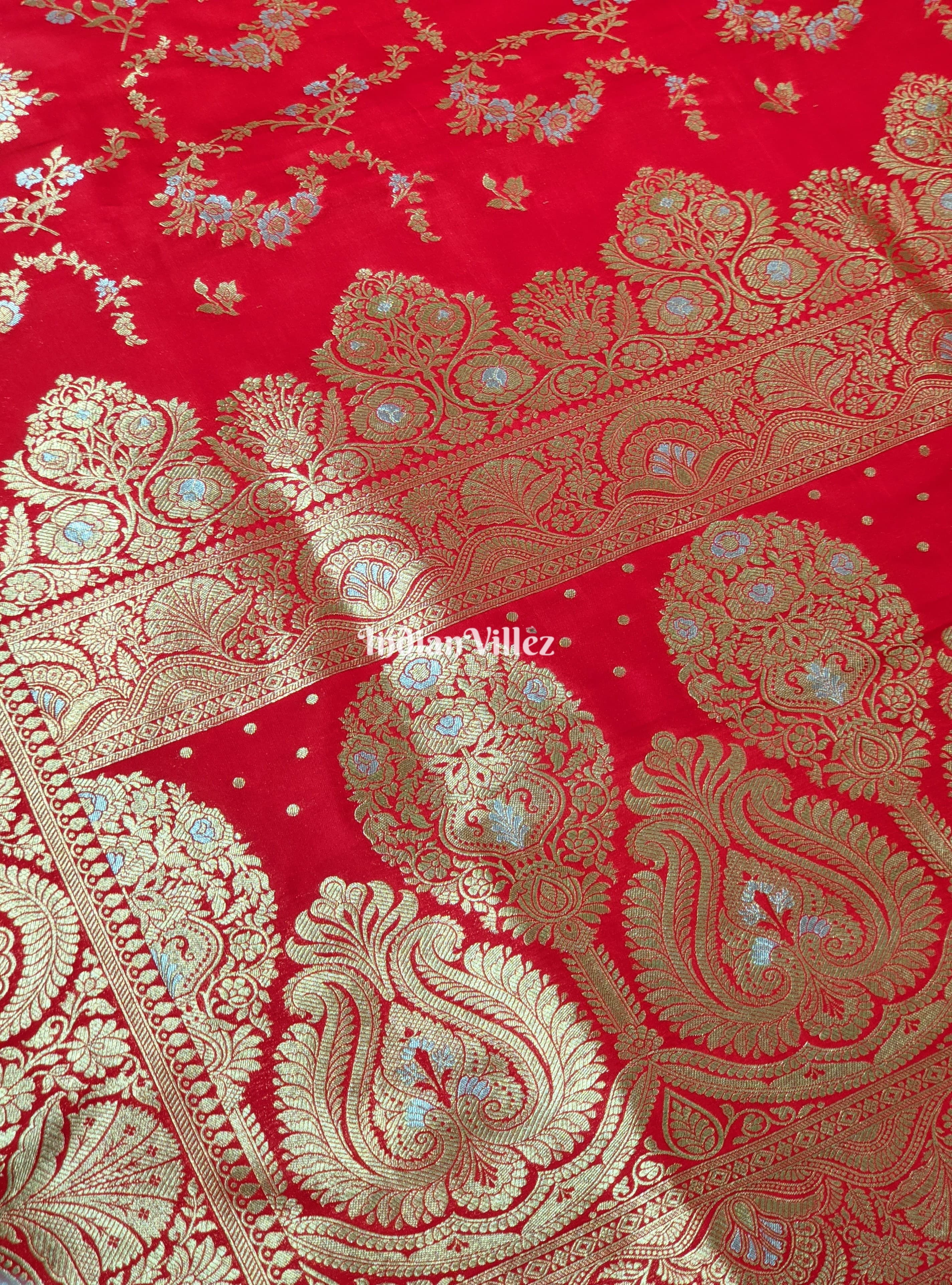 Rose Red Color With Floral Design Banarasi Katan Saree