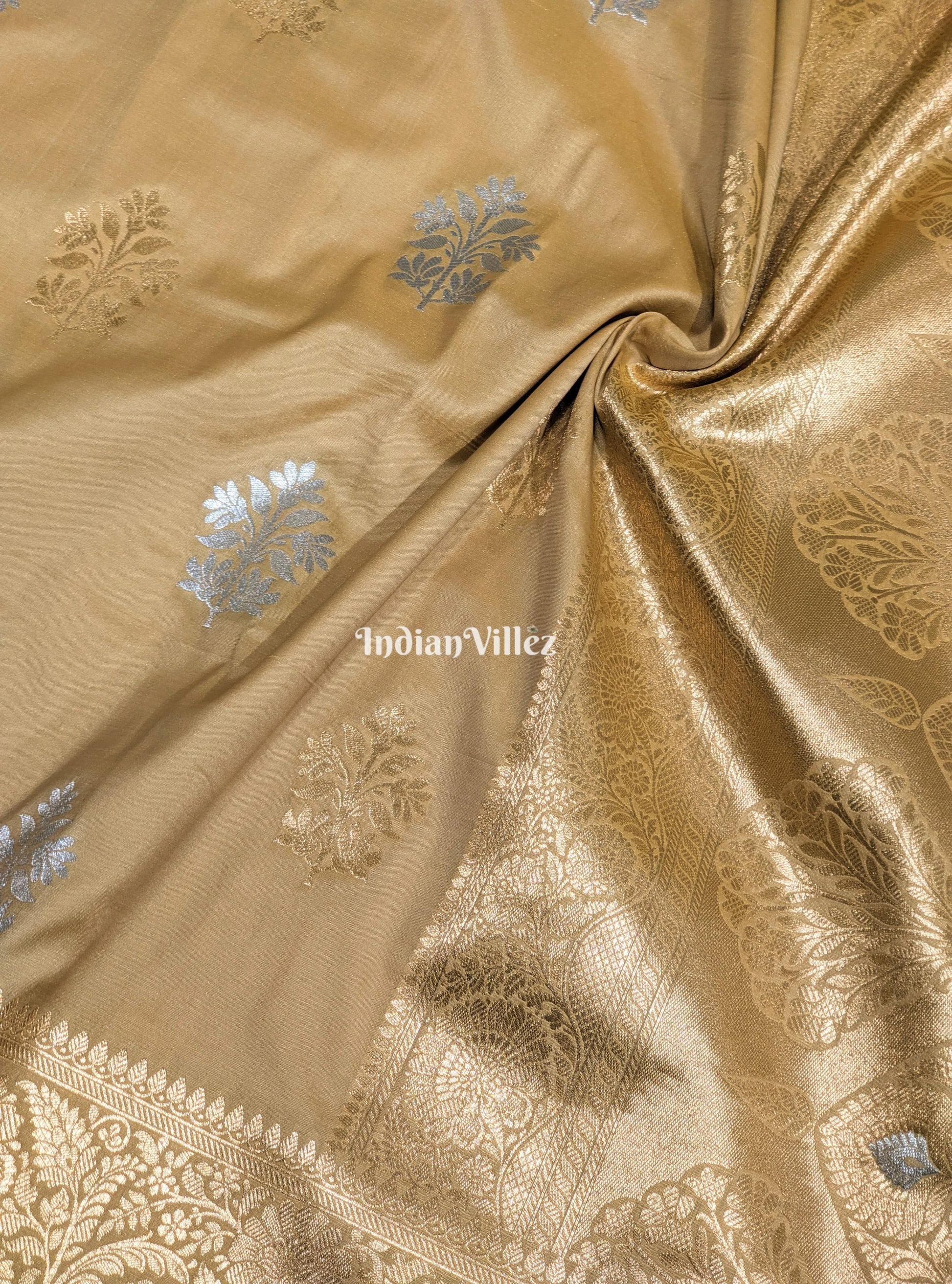 Cream Color Floral Design Pure Banarasi Katan Saree