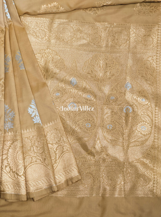 Cream Color Floral Design Pure Banarasi Katan Saree