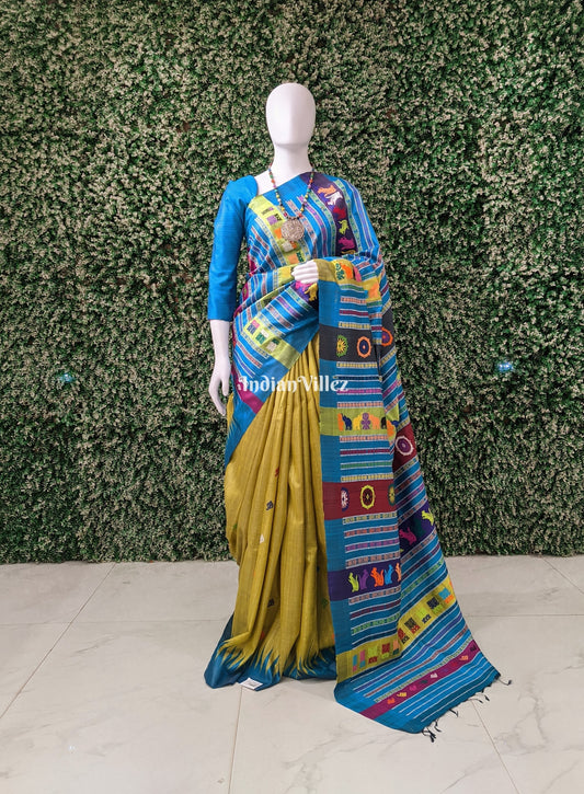 Mehndi Green Fish Motif & Double Pallu Gopalpur Tussar Silk Saree