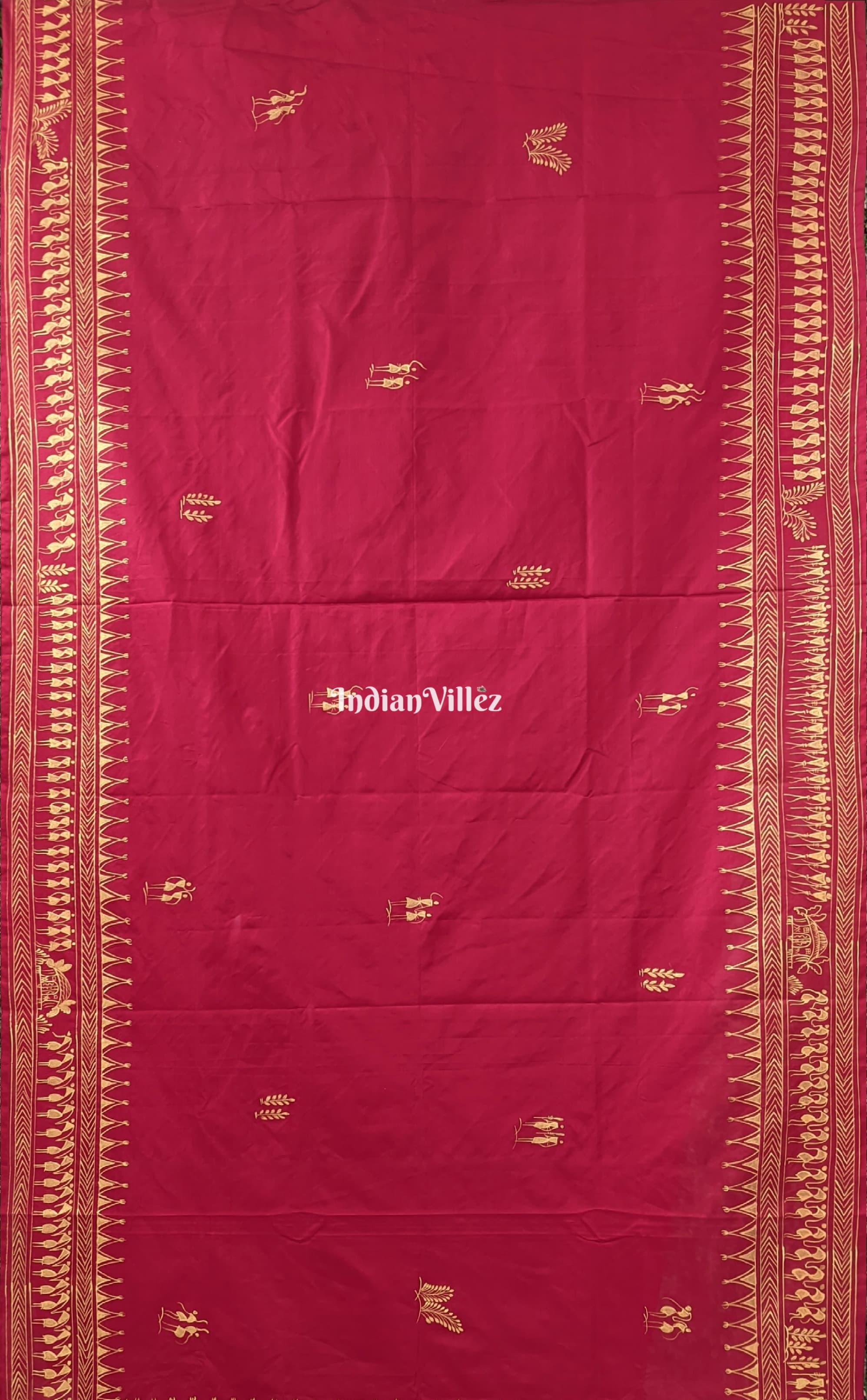 Red Tribal Themed Pattachitra Silk Saree