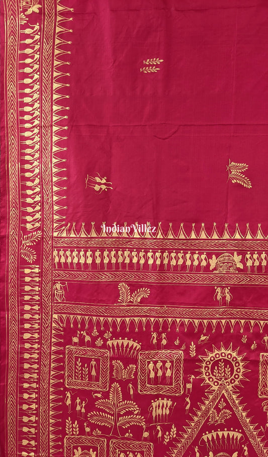 Red Tribal Themed Pattachitra Silk Saree