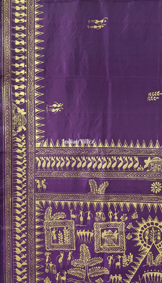 Wine Color Tribal Themed Pattachitra Silk Saree