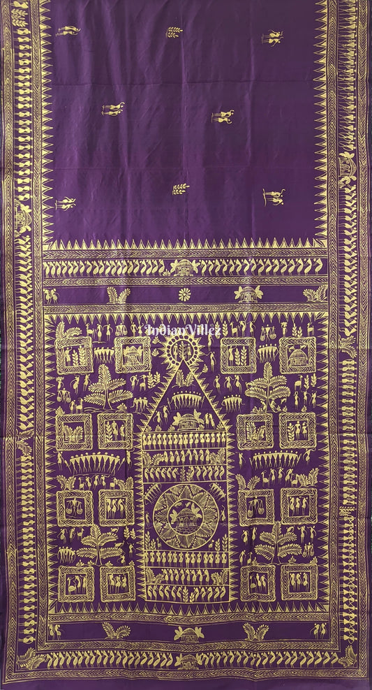 Wine Color Tribal Themed Pattachitra Silk Saree