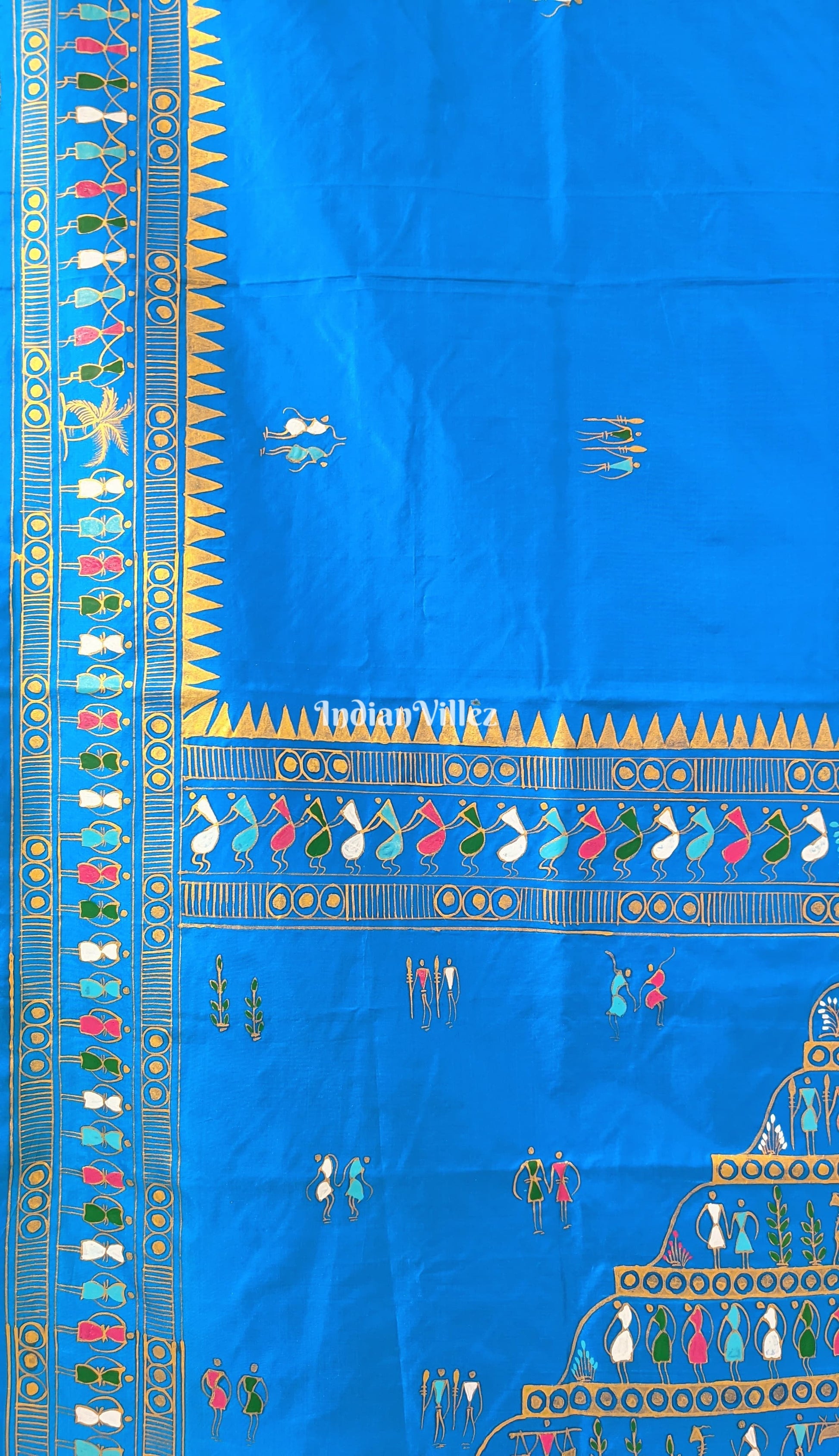 Copper Sulphate Tribal Art Konark Temple Pattachitra Silk Saree