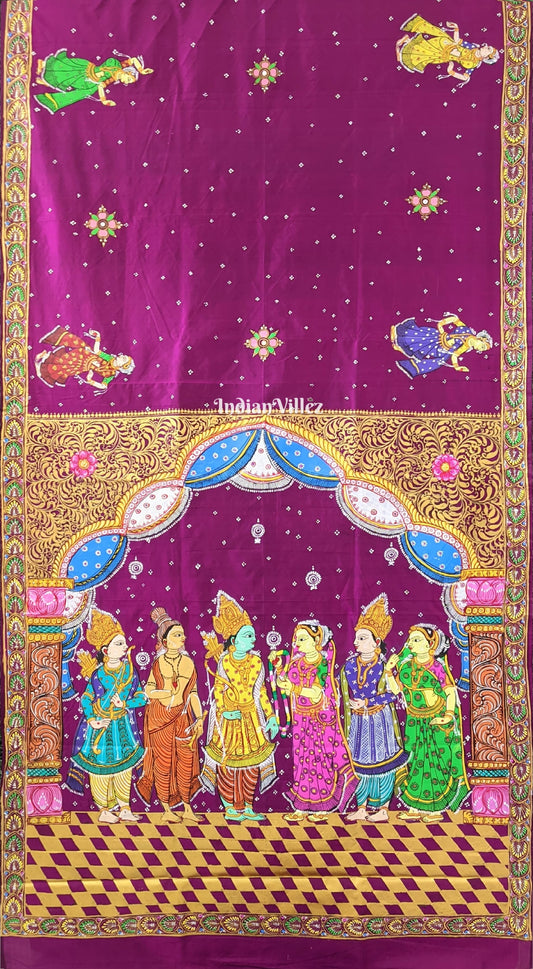 Wine Color Ram Sita Vivah Theme Pattachitra Silk Saree