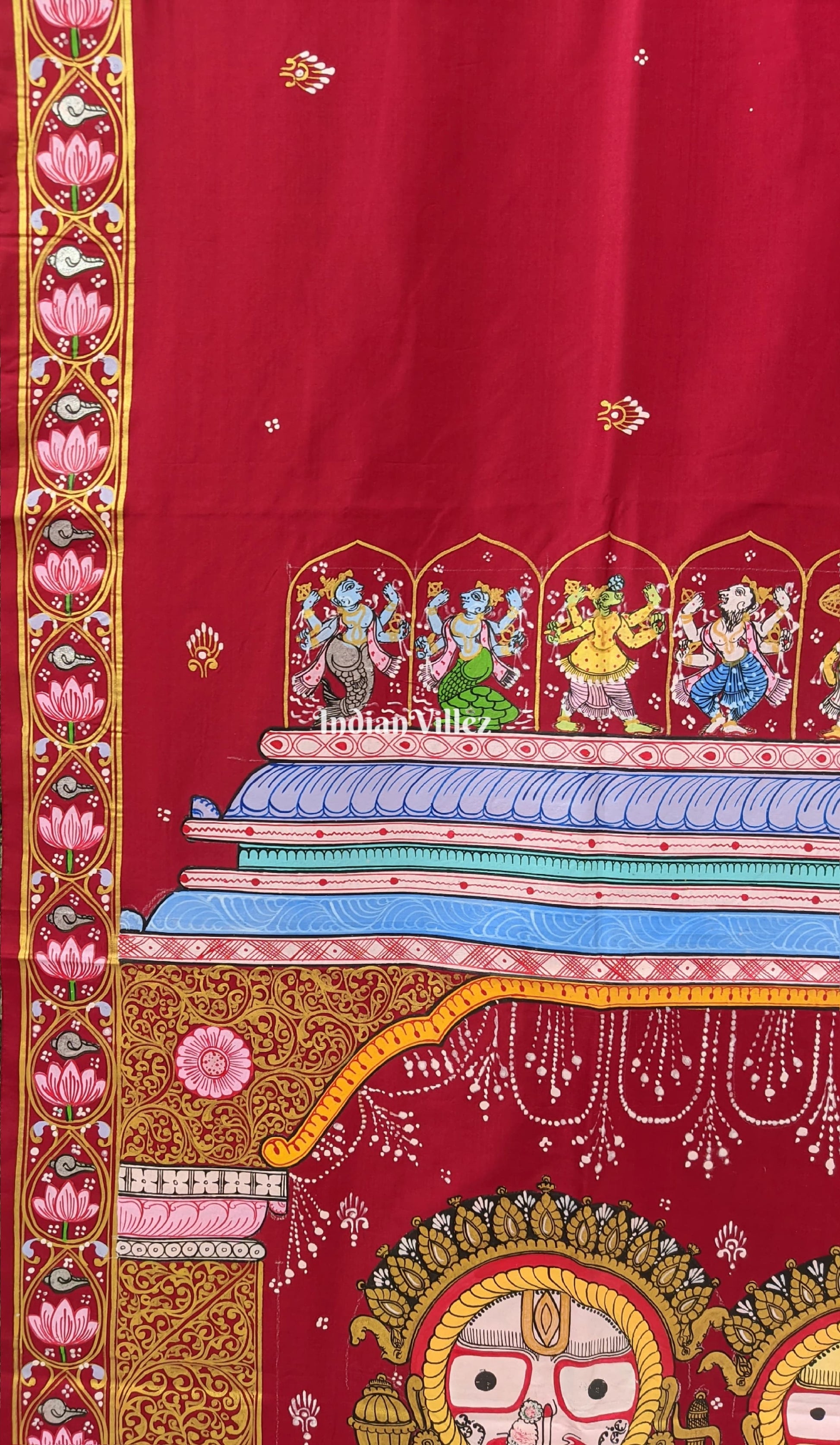 Maroon Shree Jagannath Theme Hand-Painted Pattachitra Silk Saree