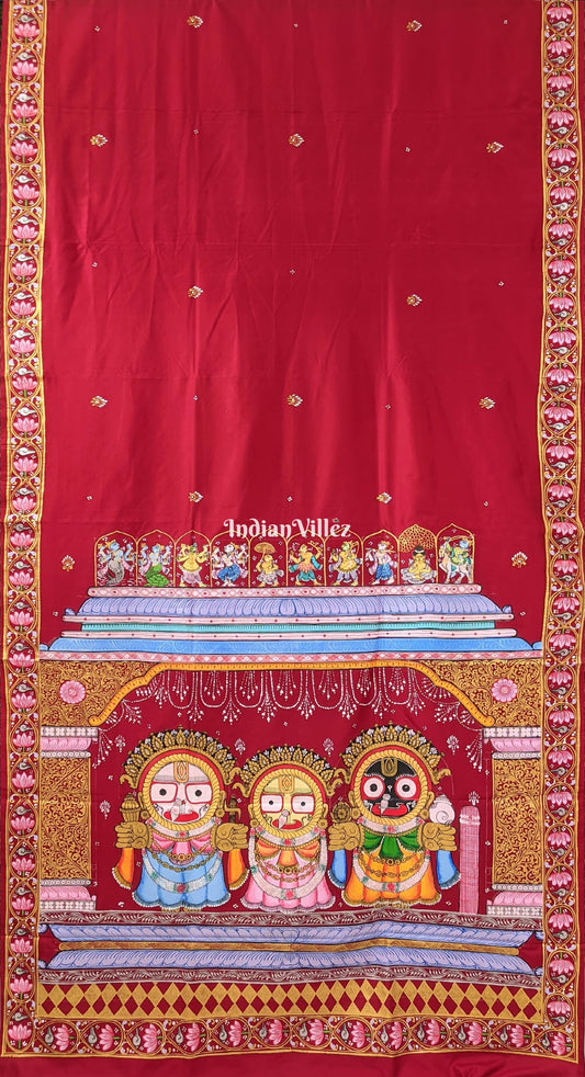 Maroon Shree Jagannath Theme Hand-Painted Pattachitra Silk Saree