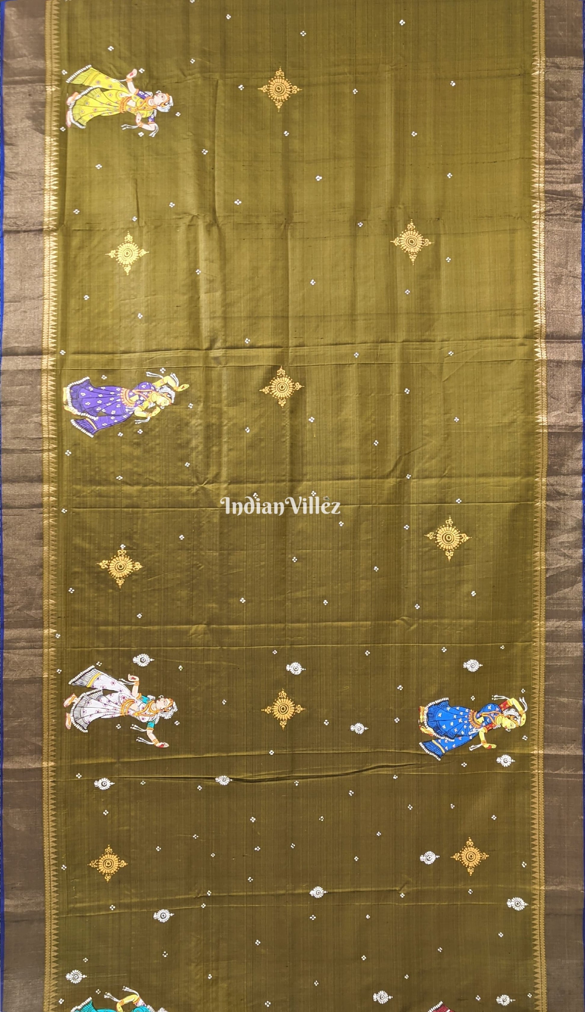 Deep Musk Green Pattachitra Art on Kerala Tissue Saree