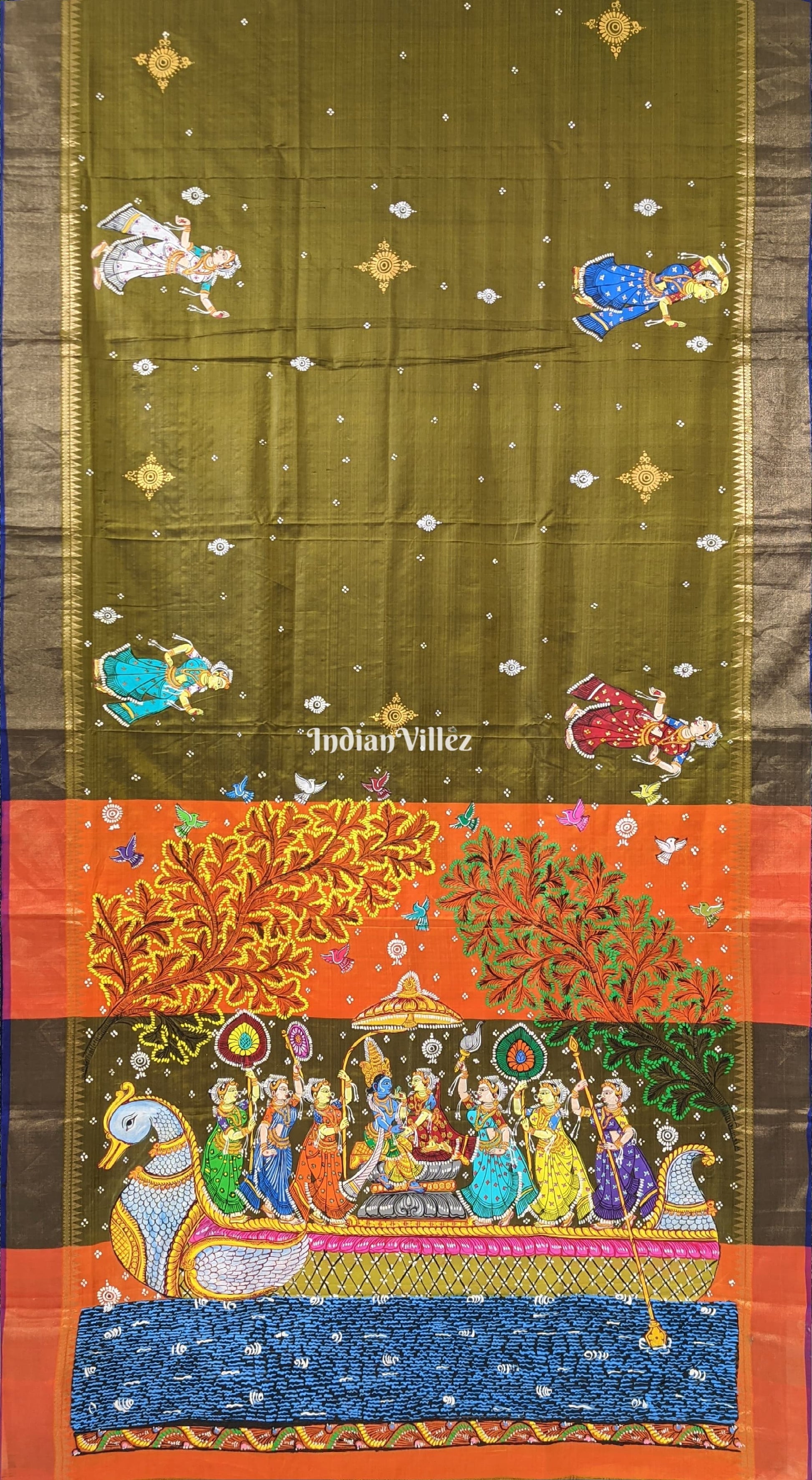 Deep Musk Green Pattachitra Art on Kerala Tissue Saree