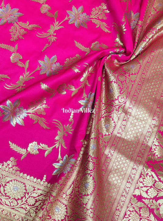 Pink Floral Design Banarasi Katan Saree