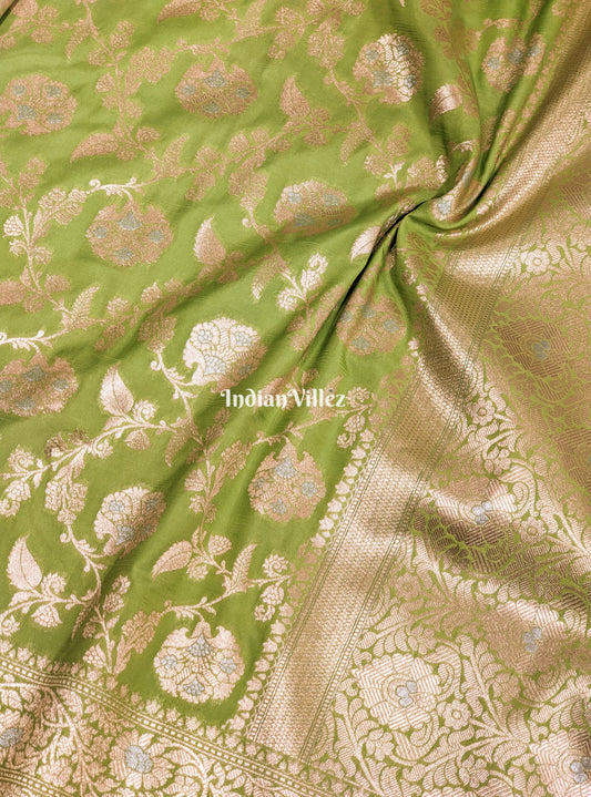 Parrot Green With Floral Design Banarasi Katan Saree