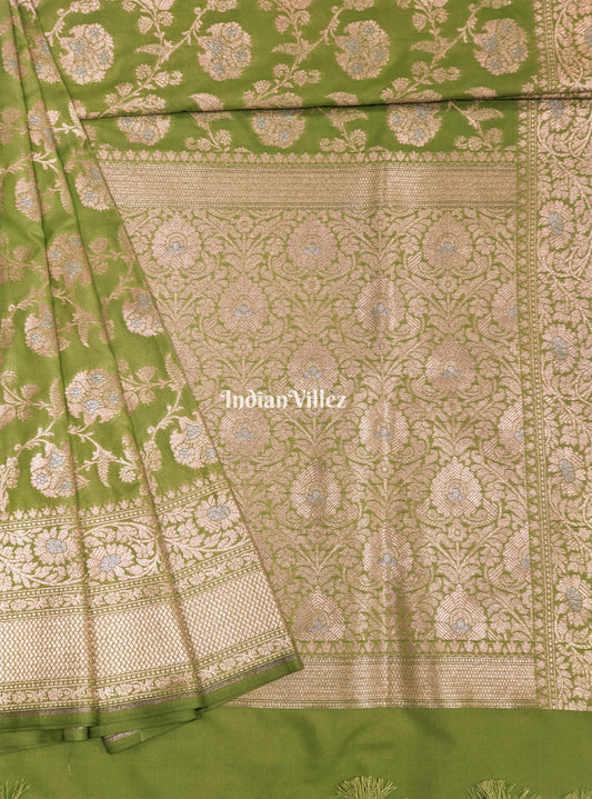 Parrot Green With Floral Design Banarasi Katan Saree