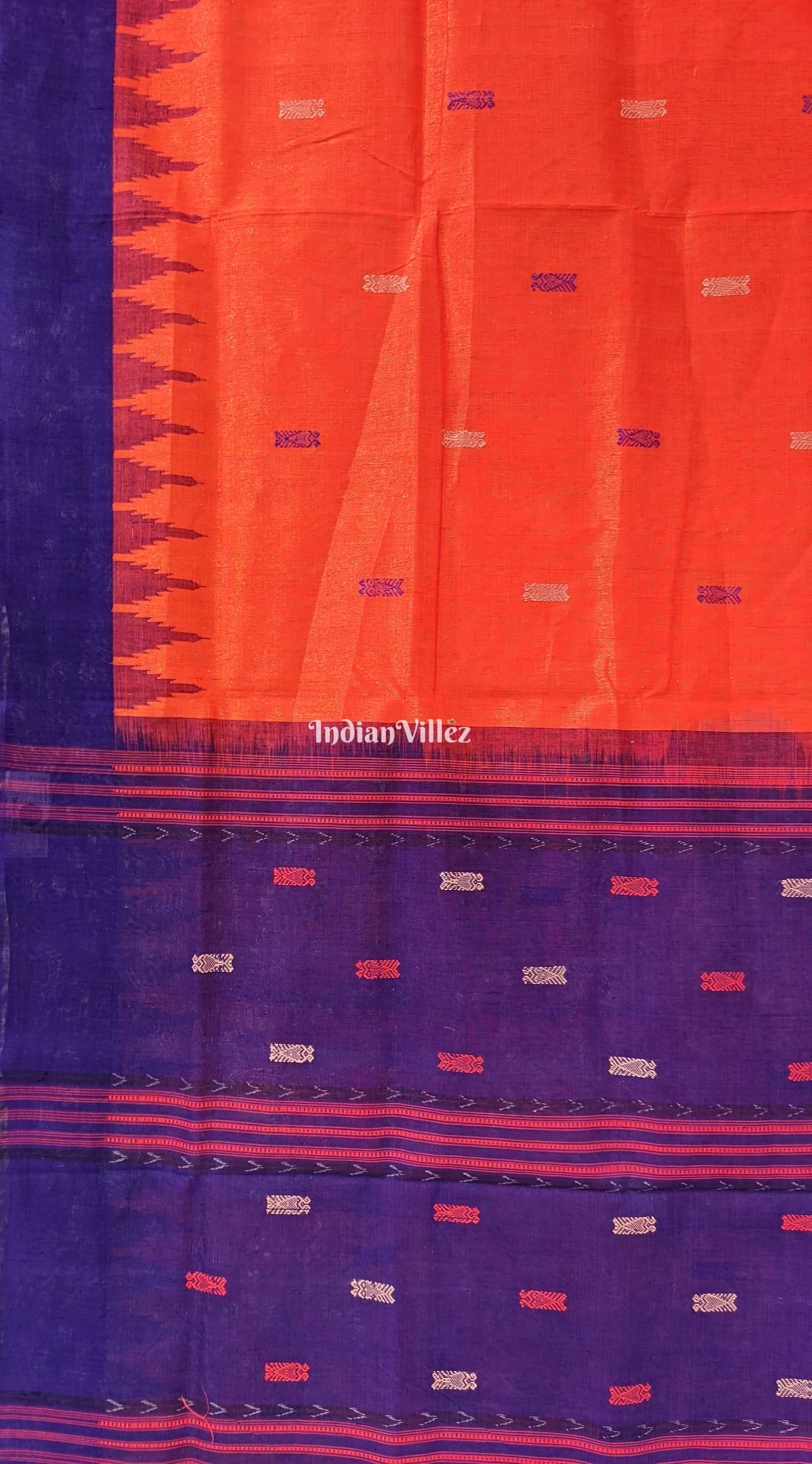 Orange Sambalpuri Cotton Tissue Saree With Fish Motif