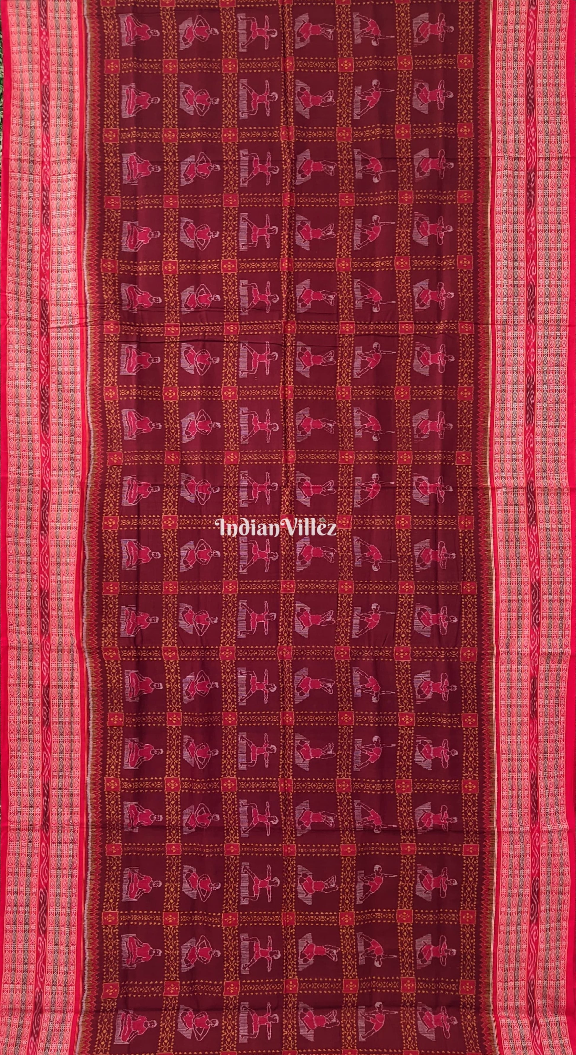 Red Yoga Mudrasana Sambalpuri Cotton Saree