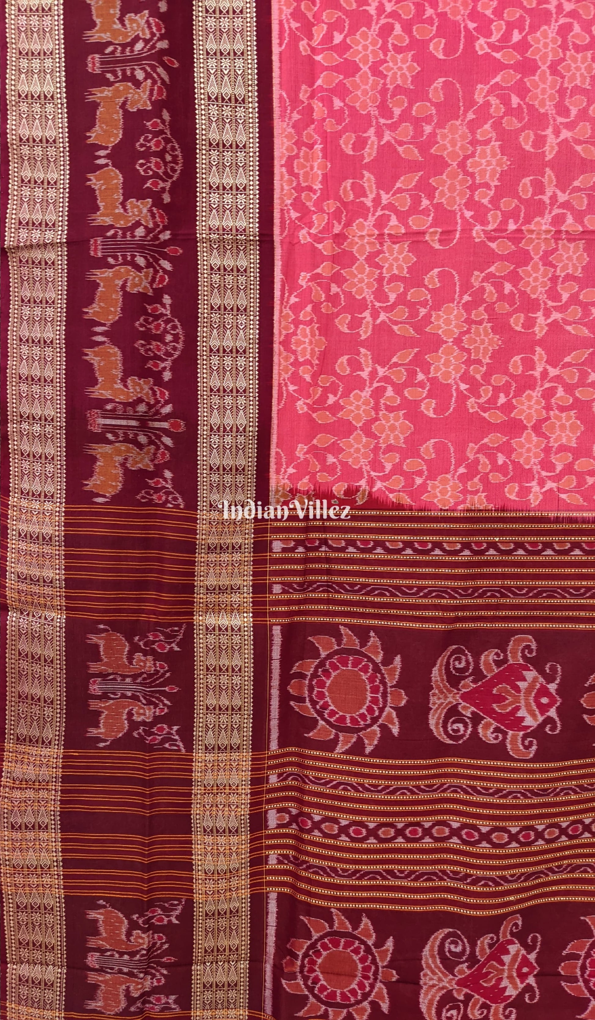 Pink Flora Motif Sambalpuri Cotton Saree