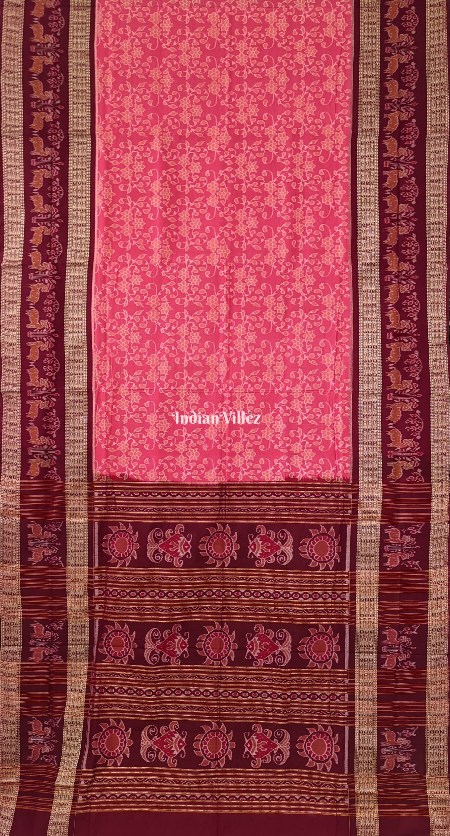 Pink Flora Motif Sambalpuri Cotton Saree