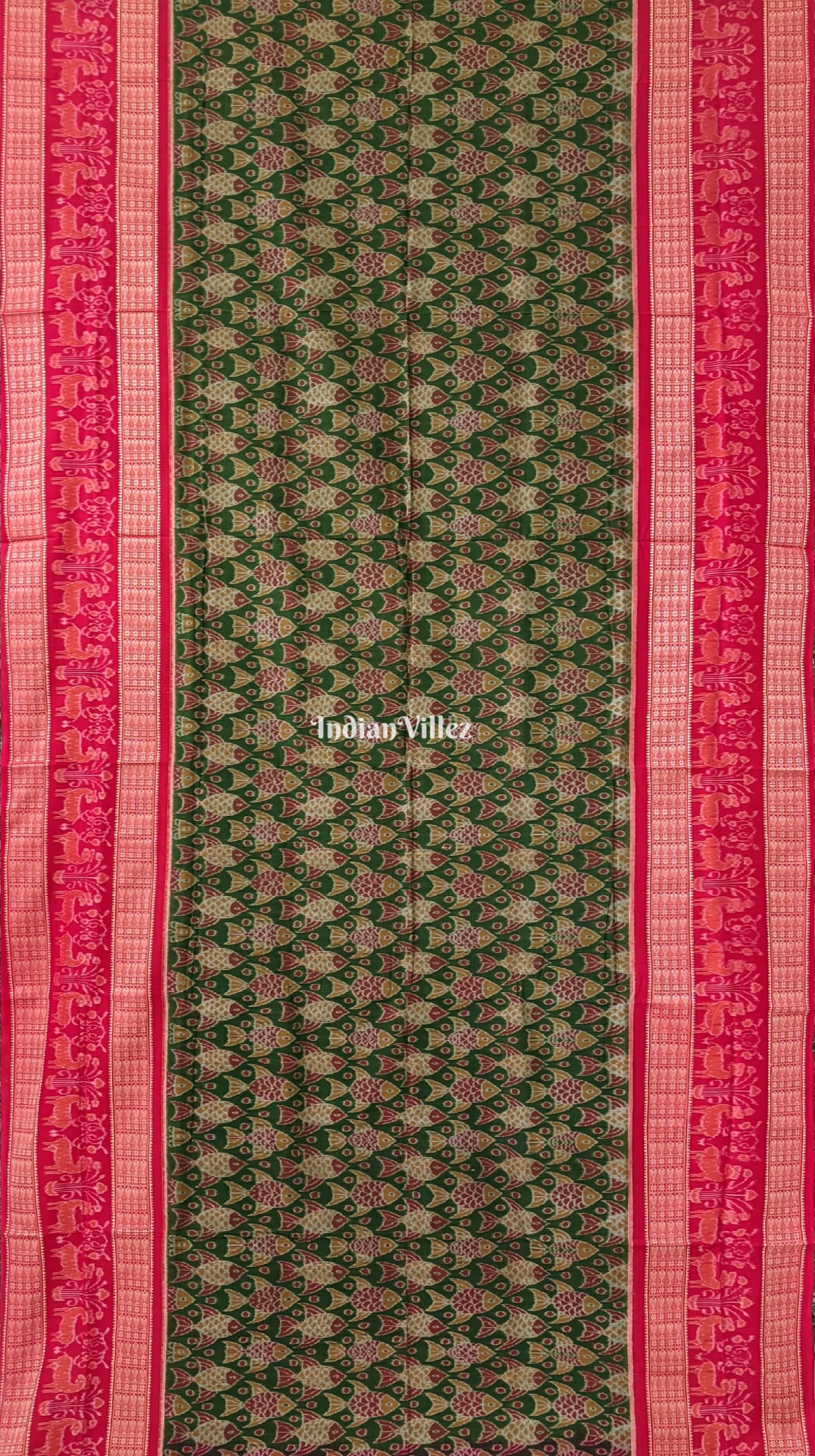 Green Odisha Ikat Sambalpuri Pure Cotton Saree With Fish Motif