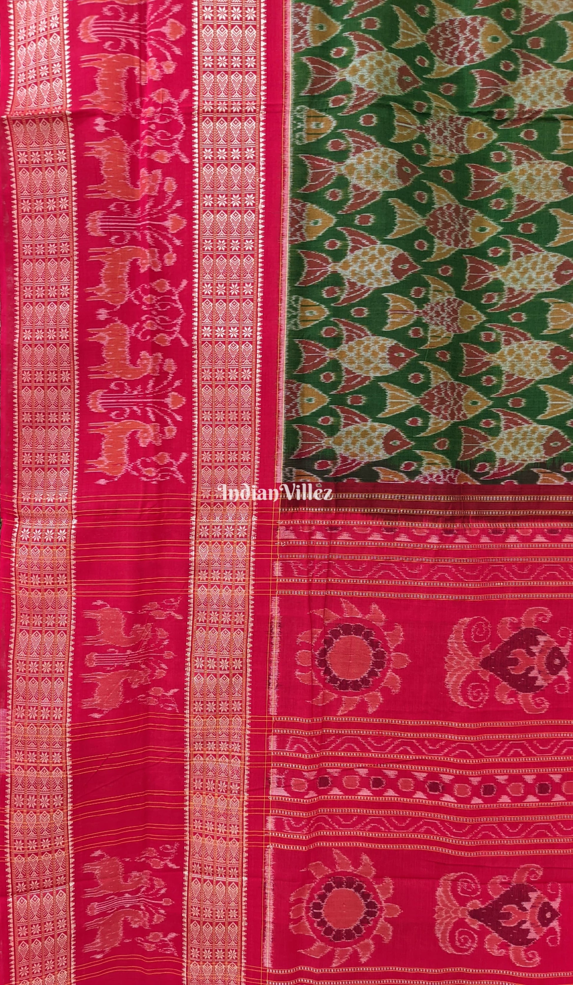 Green Odisha Ikat Sambalpuri Pure Cotton Saree With Fish Motif