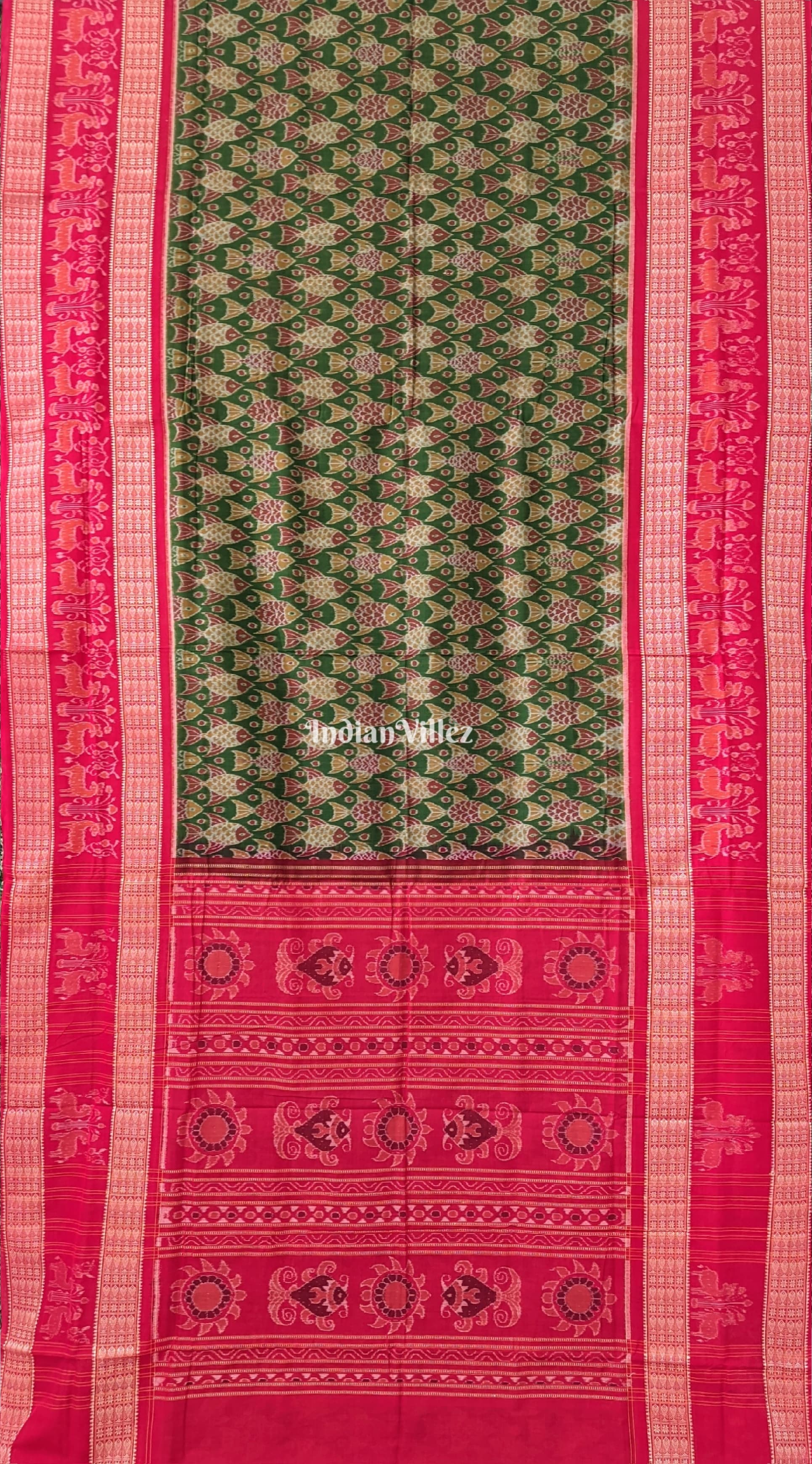 Green Odisha Ikat Sambalpuri Pure Cotton Saree With Fish Motif