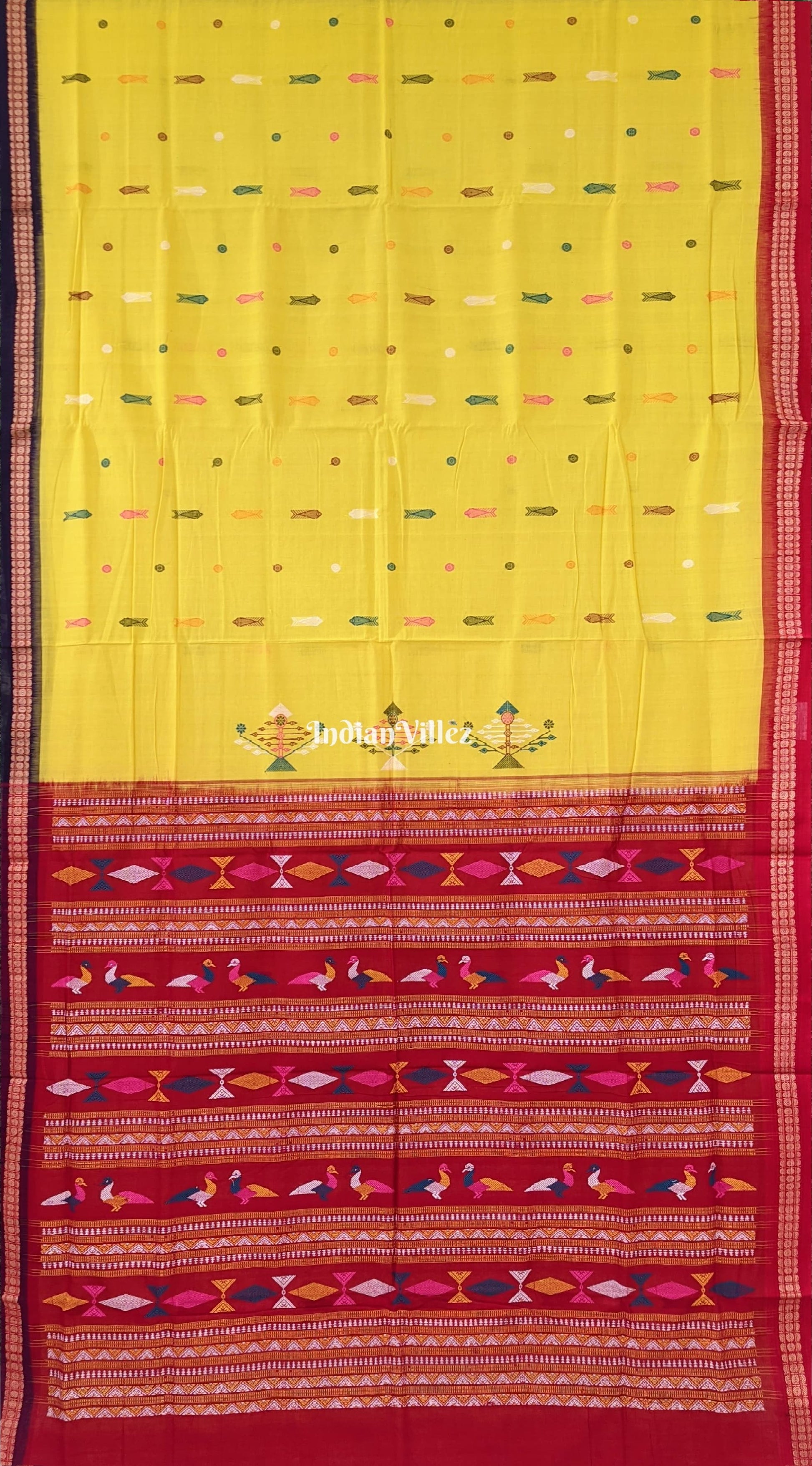 Yellow Bomkai Sambalpuri Cotton Saree With Fish & Flower Motif