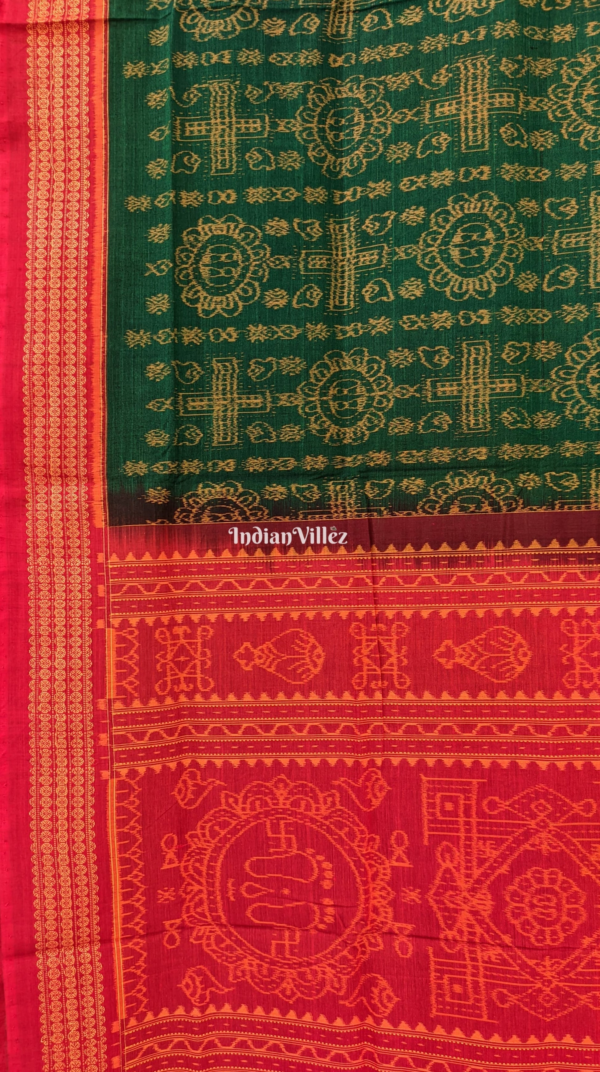 Green With Red border Odisha Ikat Sambalpuri Pure Cotton Saree