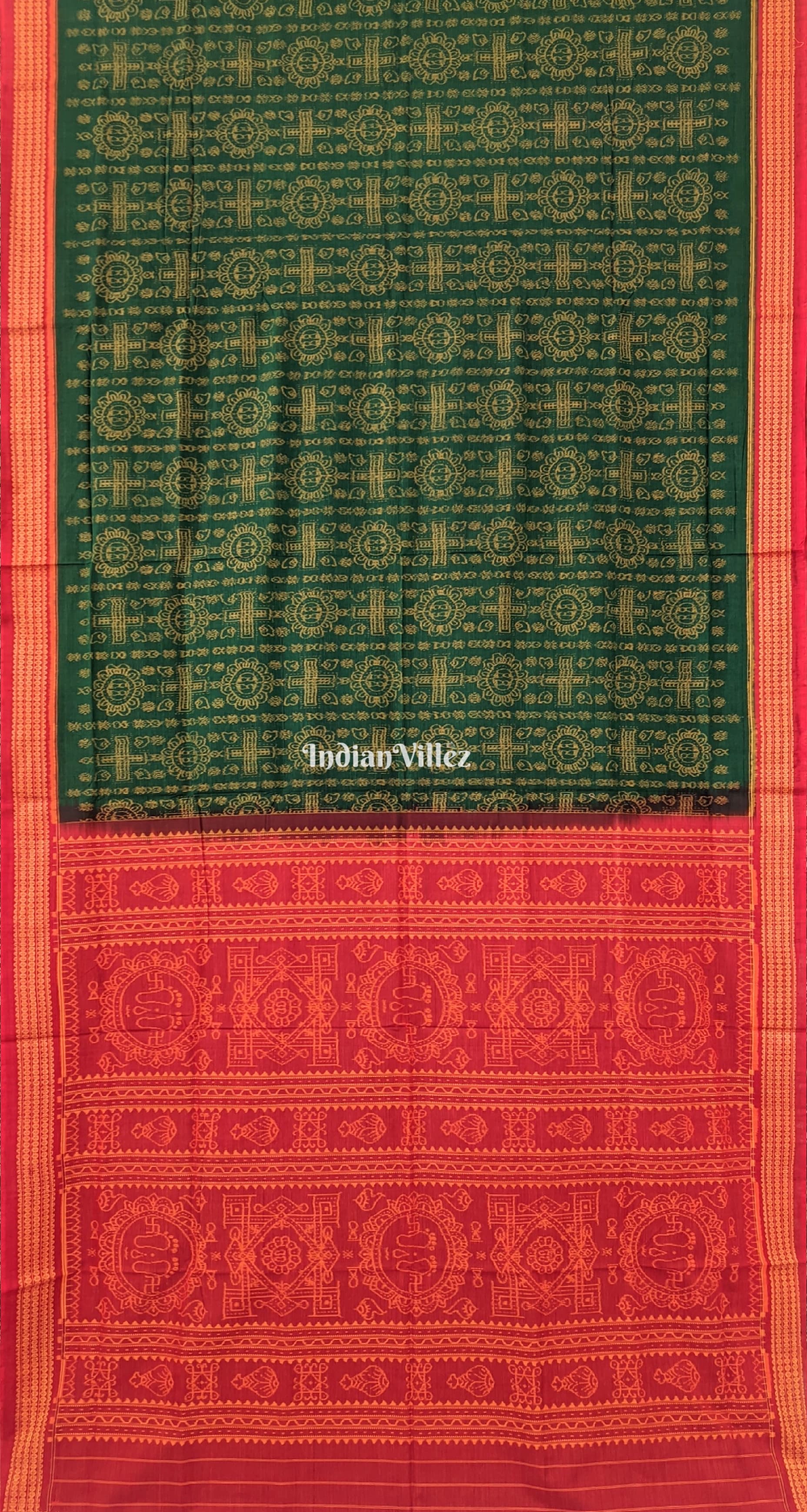 Green With Red border Odisha Ikat Sambalpuri Pure Cotton Saree