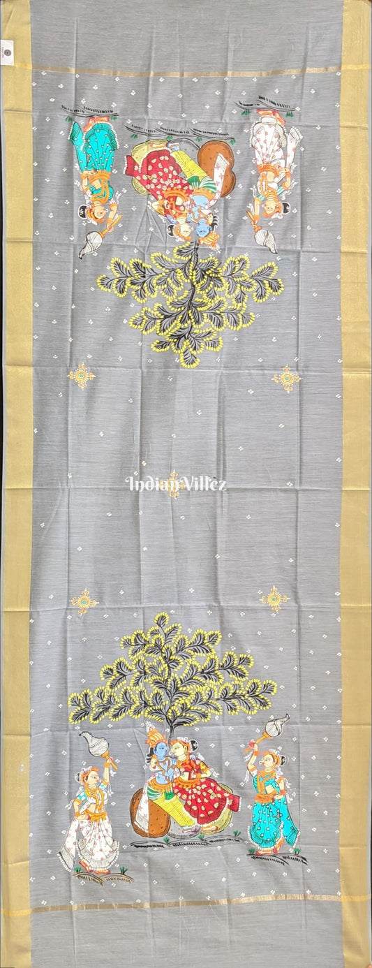 Grey Radha Krishna Rasa Theme Patachitra Chanderi Dupatta