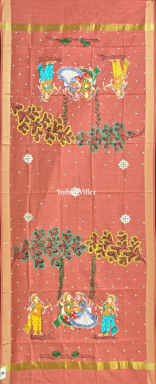 Coral Pink Rajo Theme Patachitra Chanderi Dupatta