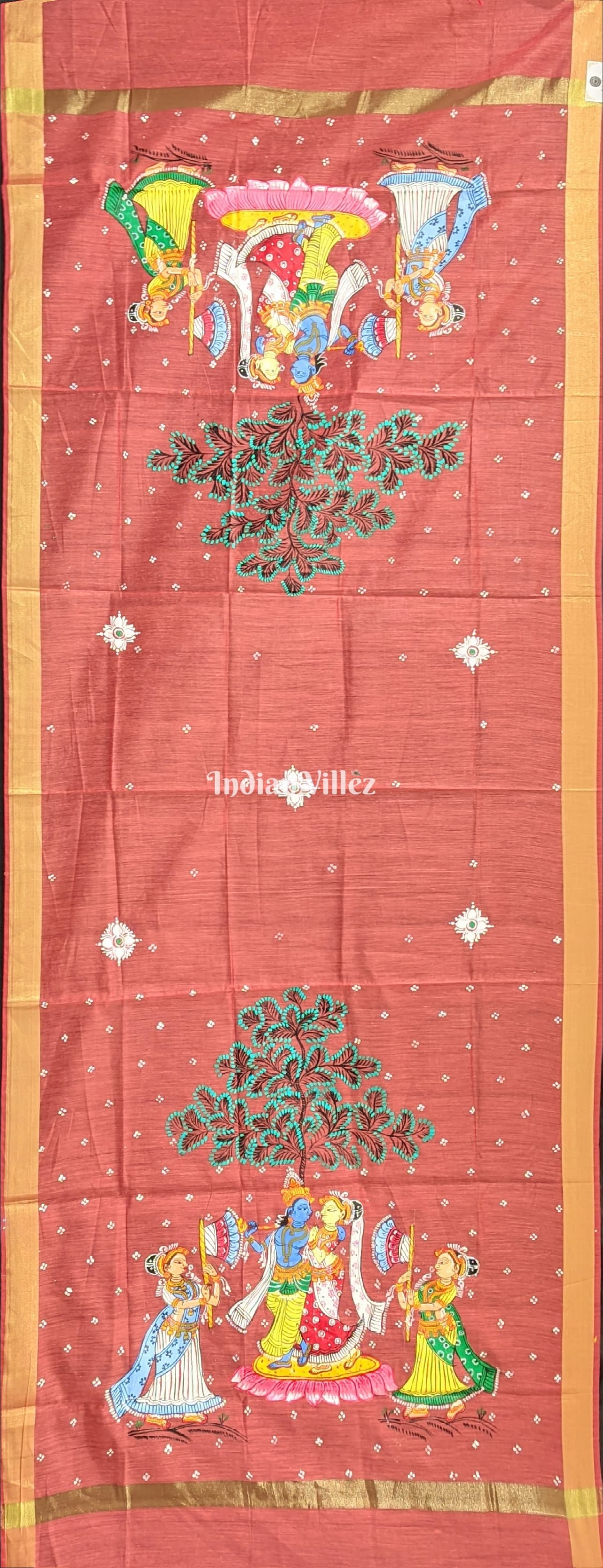 Peach Radha Krishna Rasa Theme Patachitra Chanderi Dupatta