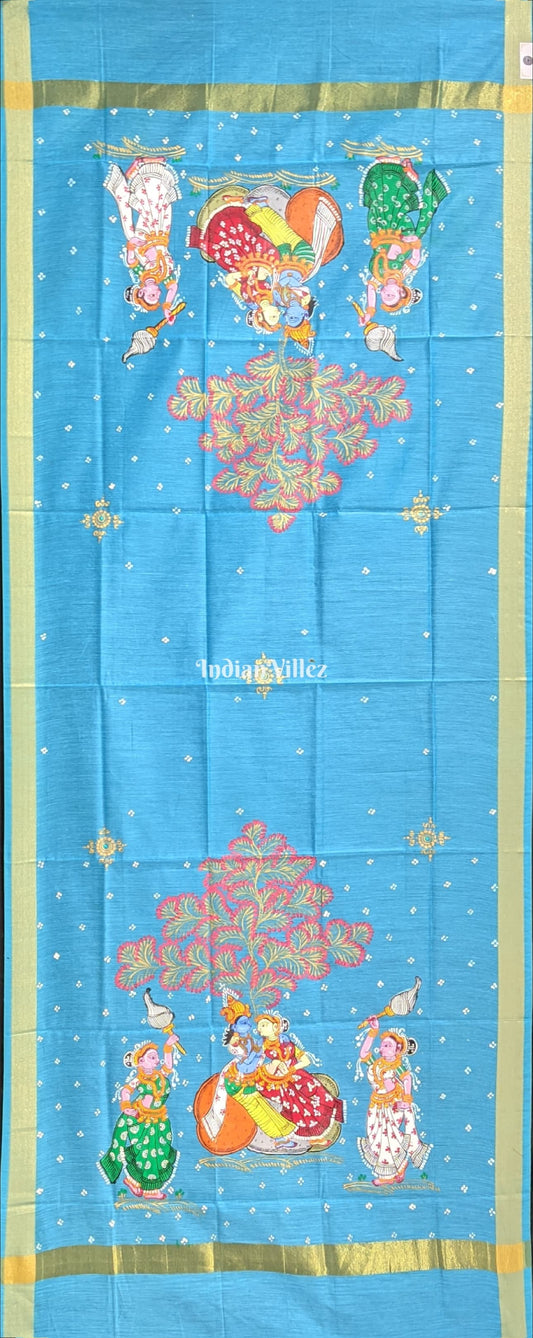 Sky Blue Radha Krishna Rasa Theme Patachitra Chanderi Dupatta