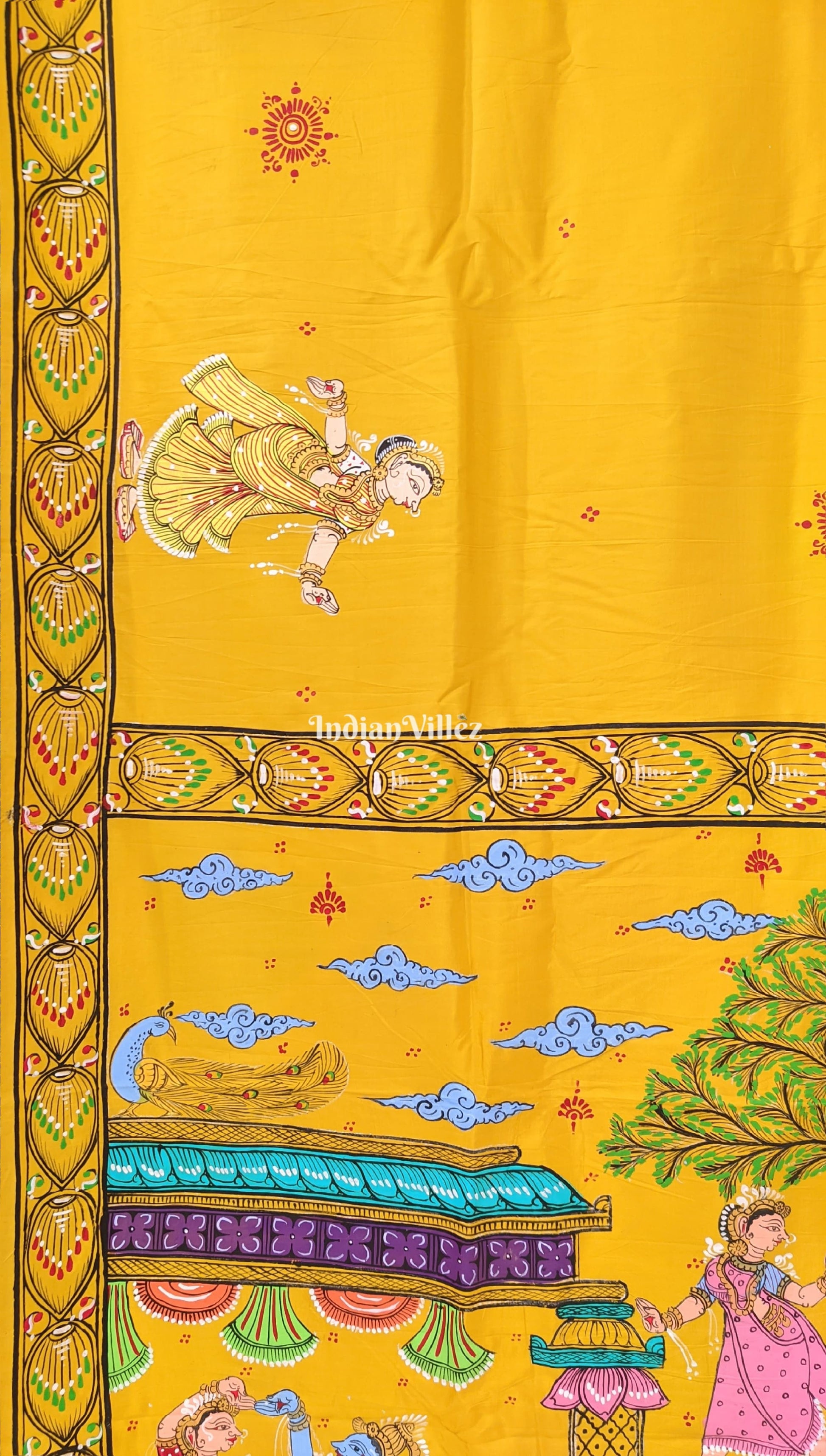 Yellow Radha Krishna Rasa Leela Pattachitra Art Khadi Silk Saree