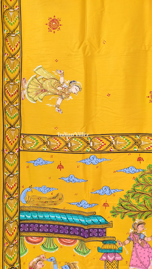 Yellow Radha Krishna Rasa Leela Pattachitra Art Khadi Silk Saree