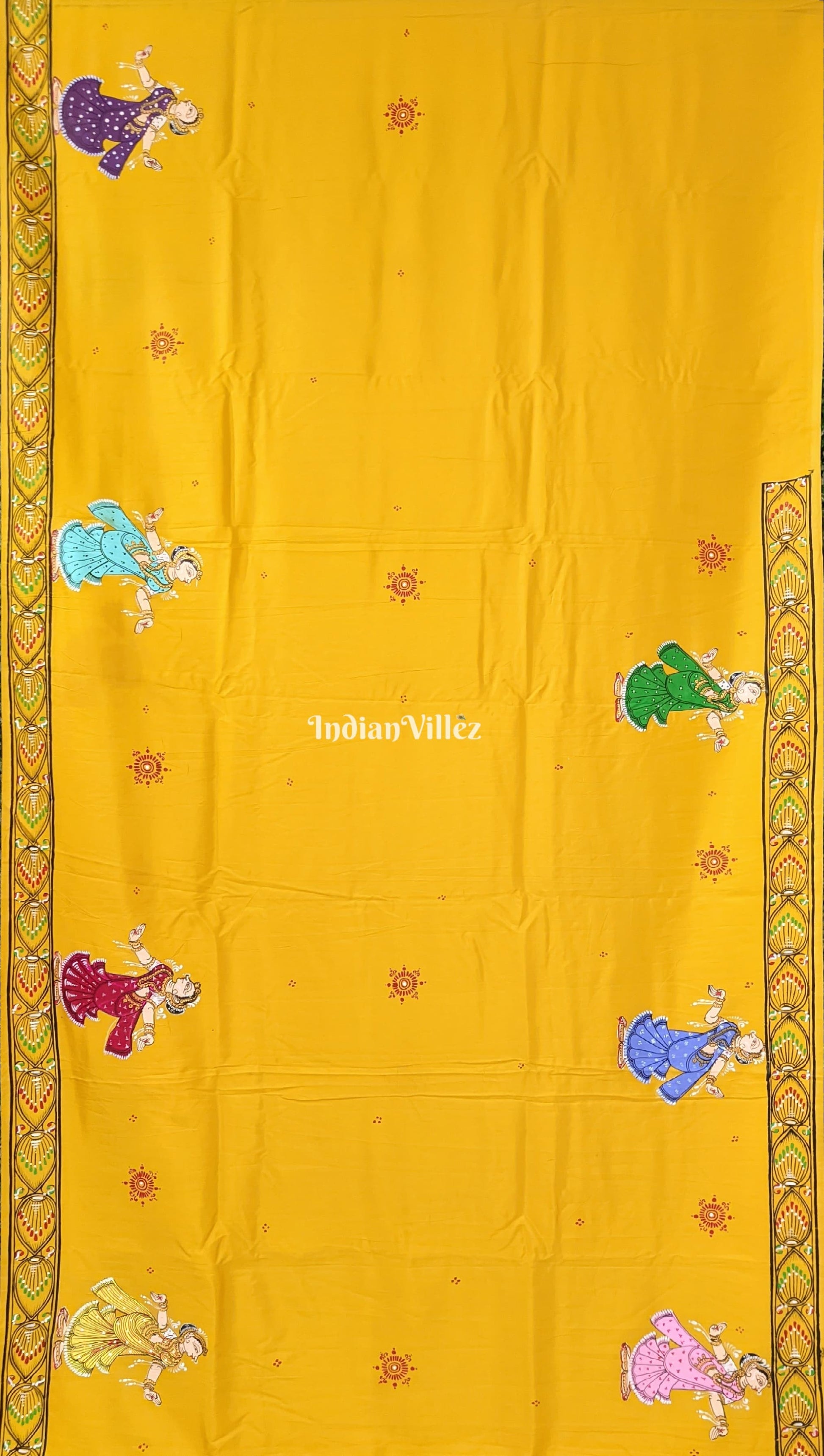 Yellow Radha Krishna Rasa Leela Pattachitra Art Khadi Silk Saree