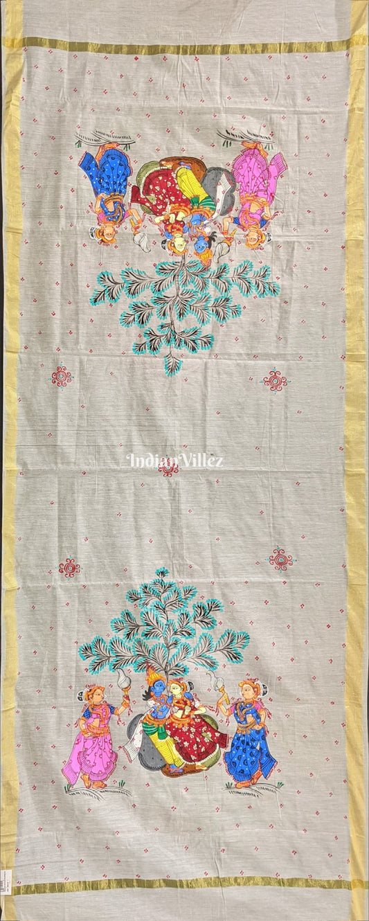 White Radha Krishna Rasa Theme Patachitra Chanderi Dupatta