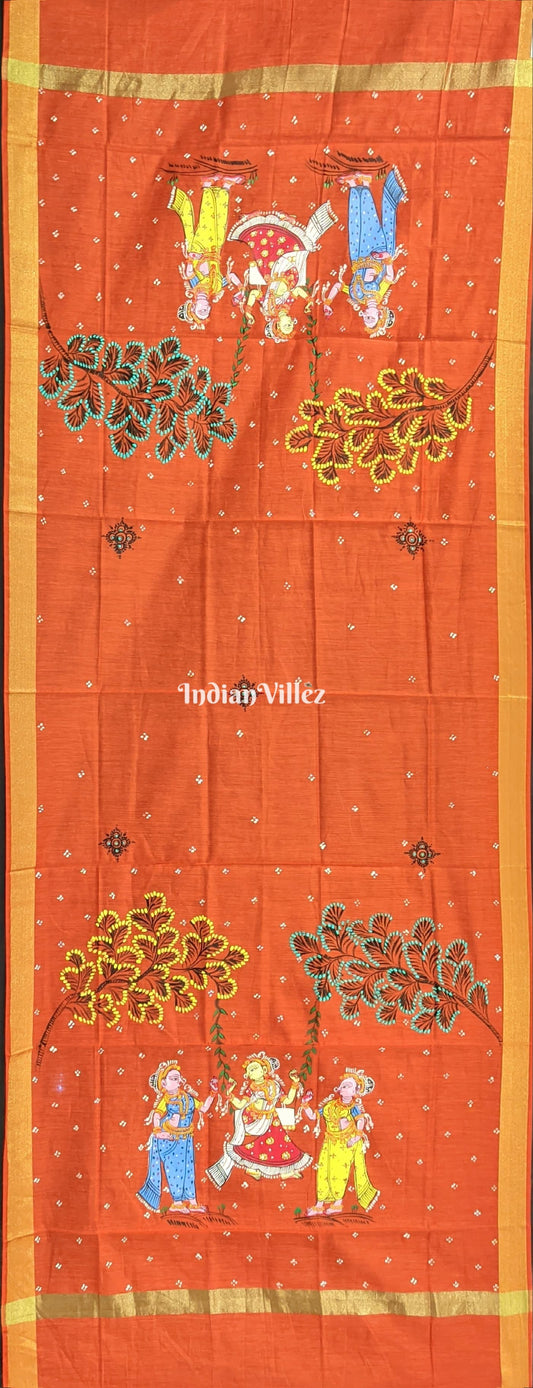 Orange Rajo Theme Patachitra Chanderi Dupatta