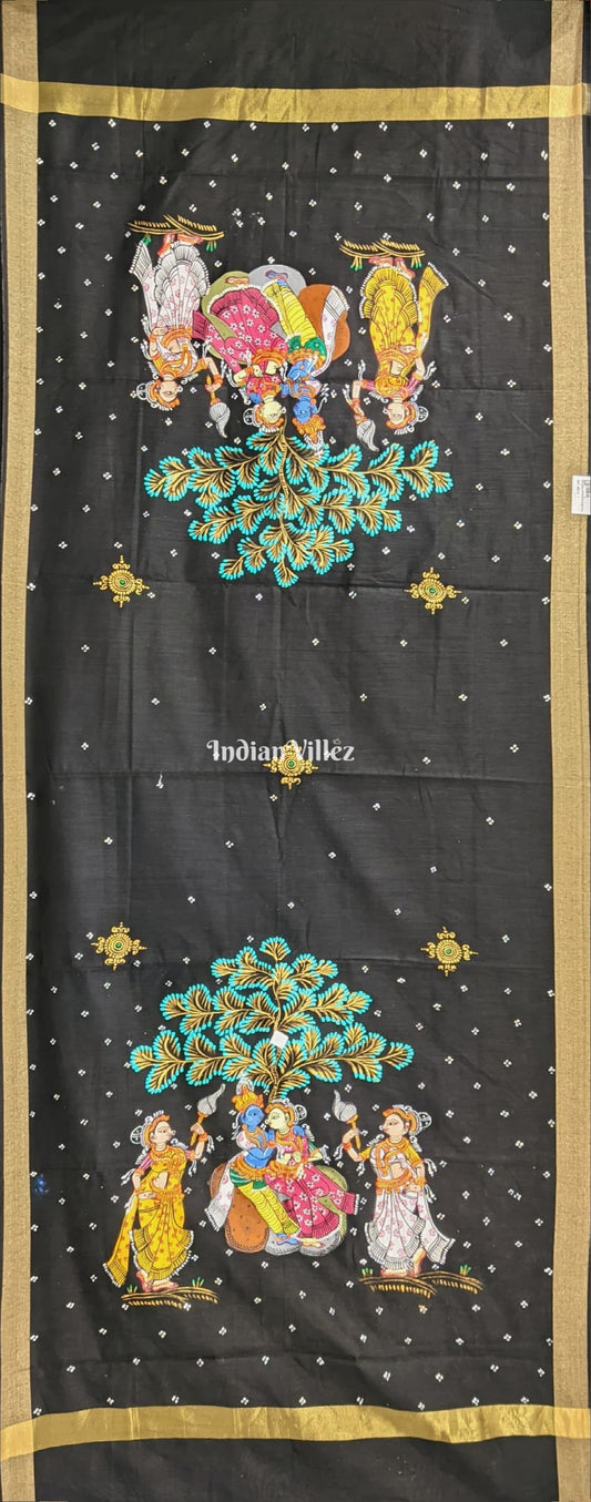 Black Radha Krishna Rasa Theme Patachitra Chanderi Dupatta