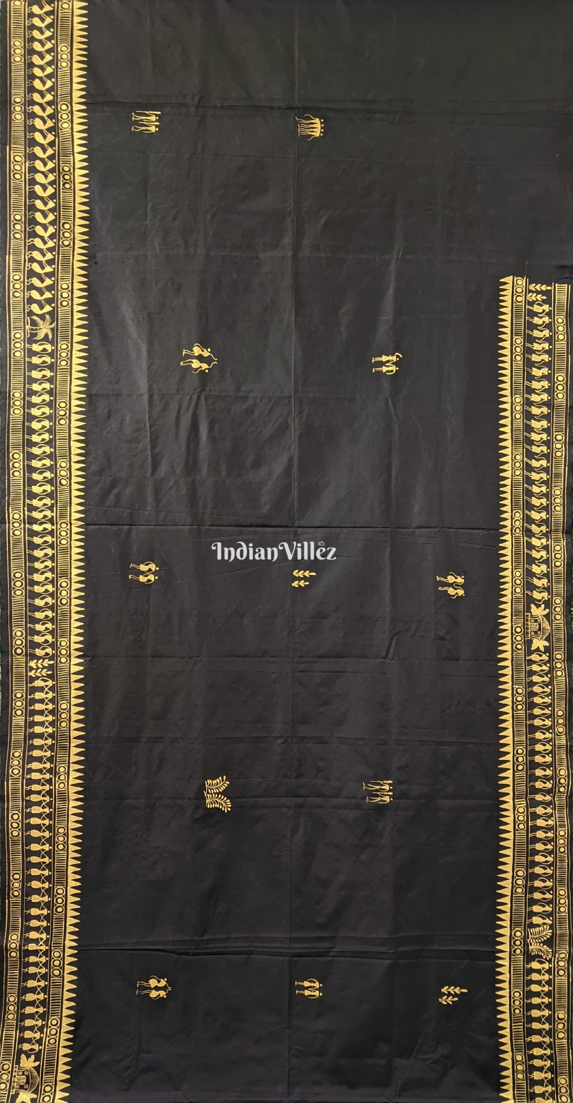 Black Tribal Themed Pattachitra Silk Saree