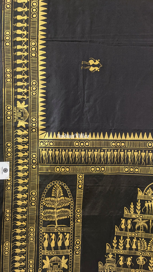 Black Tribal Themed Pattachitra Silk Saree