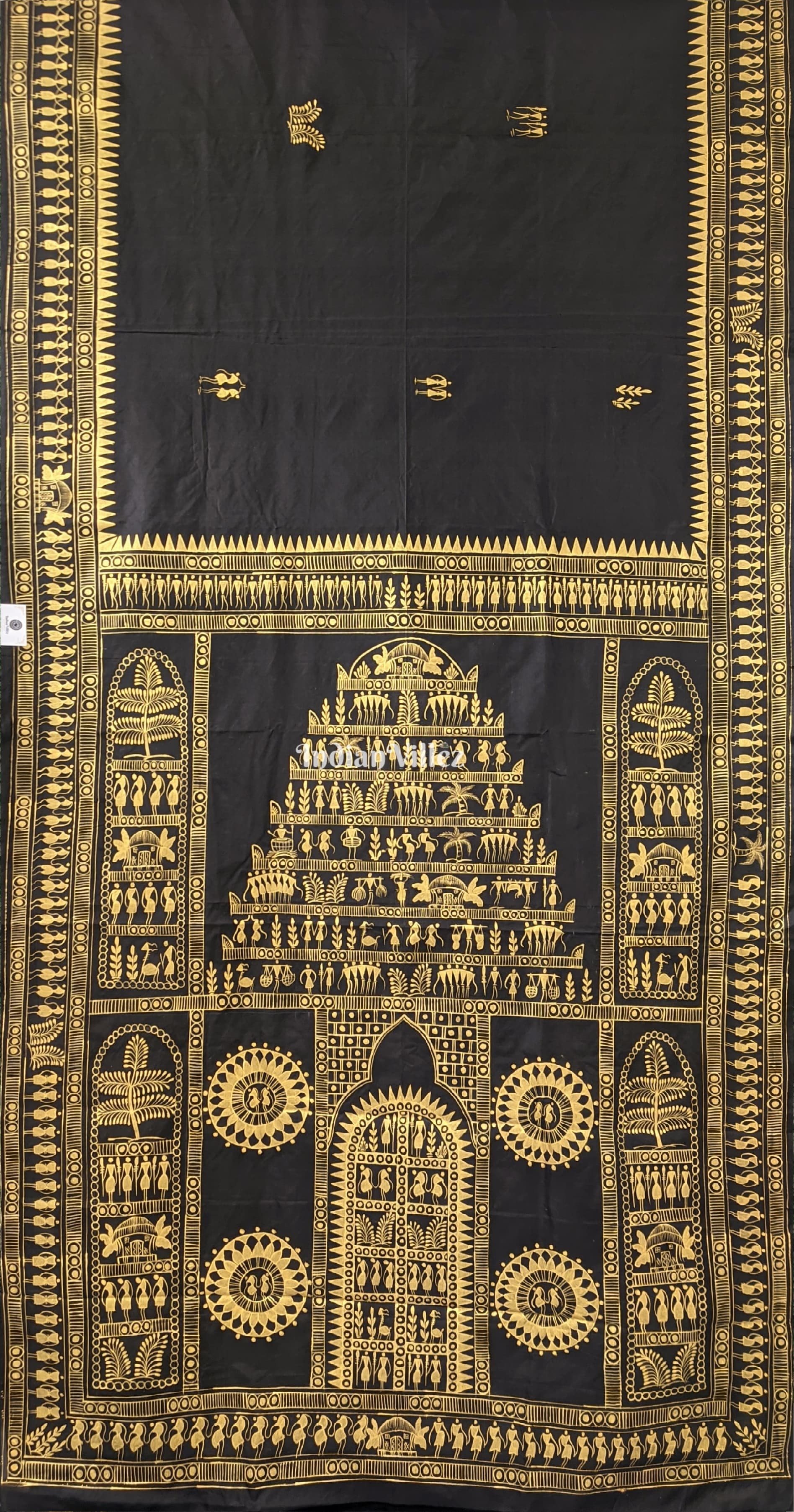 Black Tribal Themed Pattachitra Silk Saree