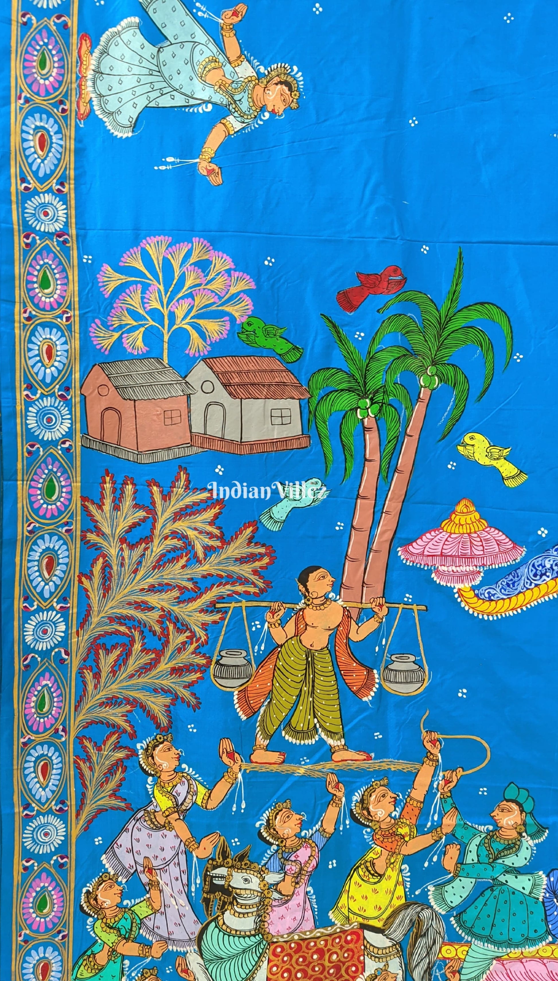 Copper Sulphate Village Theme Pattachitra Silk Saree