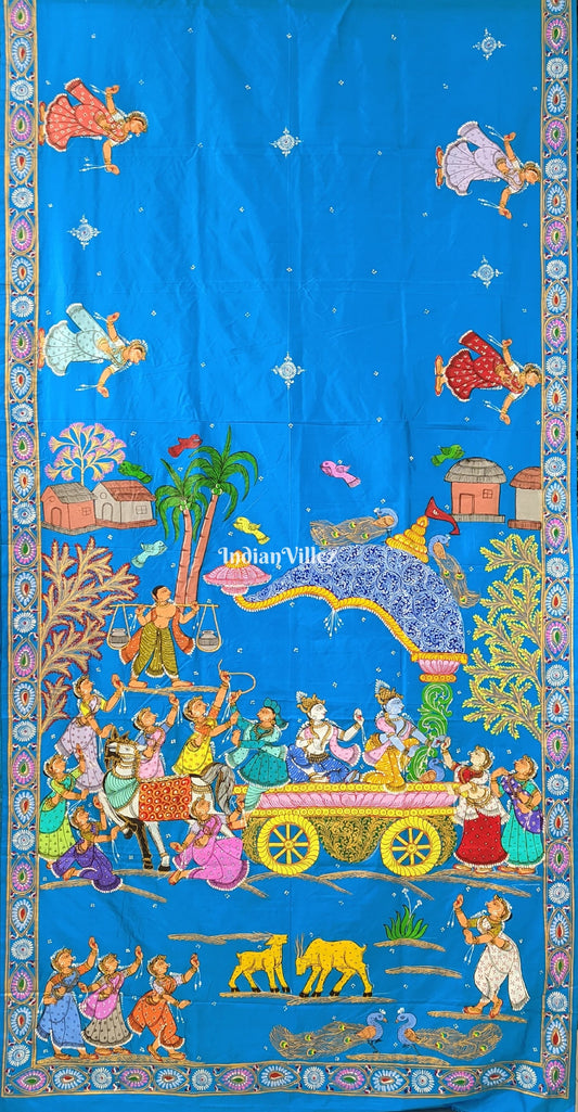 Copper Sulphate Village Theme Pattachitra Silk Saree