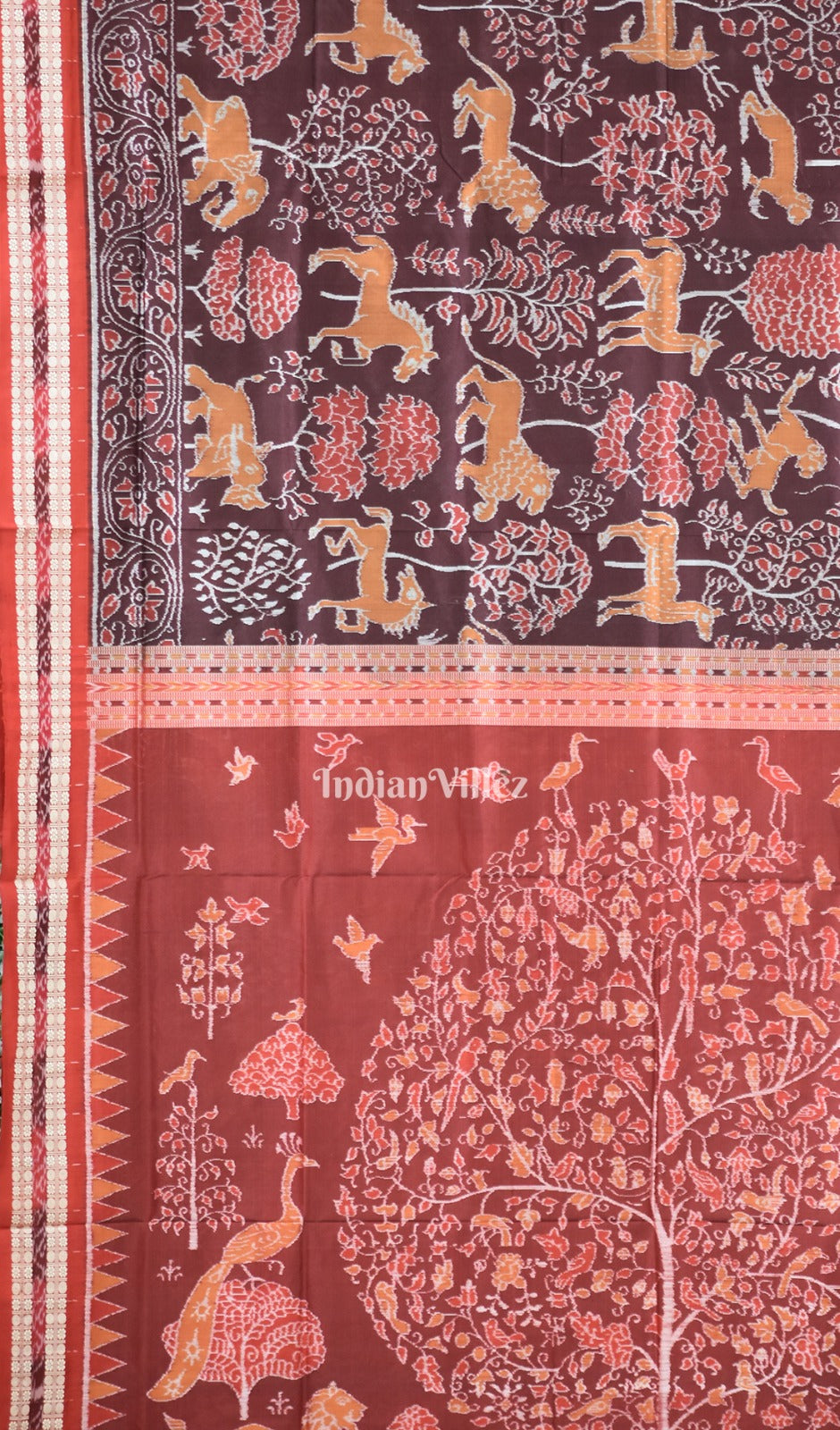 Maroon Jungle and Animal Theme Sambalpuri Silk Saree