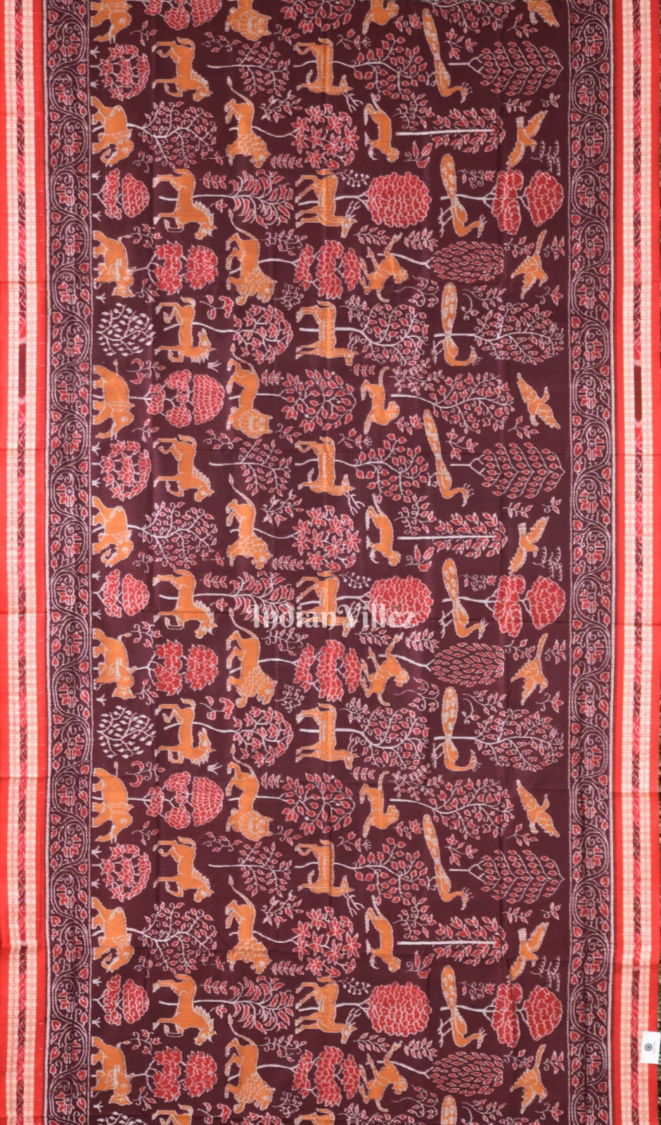 Maroon Jungle and Animal Theme Sambalpuri Silk Saree