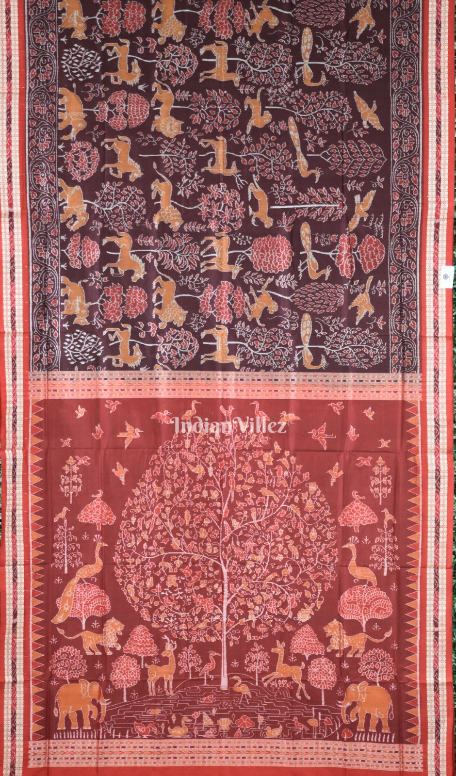 Maroon Jungle and Animal Theme Sambalpuri Silk Saree